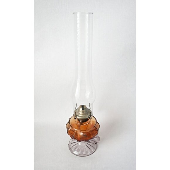 Antique Amber Glass Finger Oil Lamp Tall Chimney - Picture 8 of 8